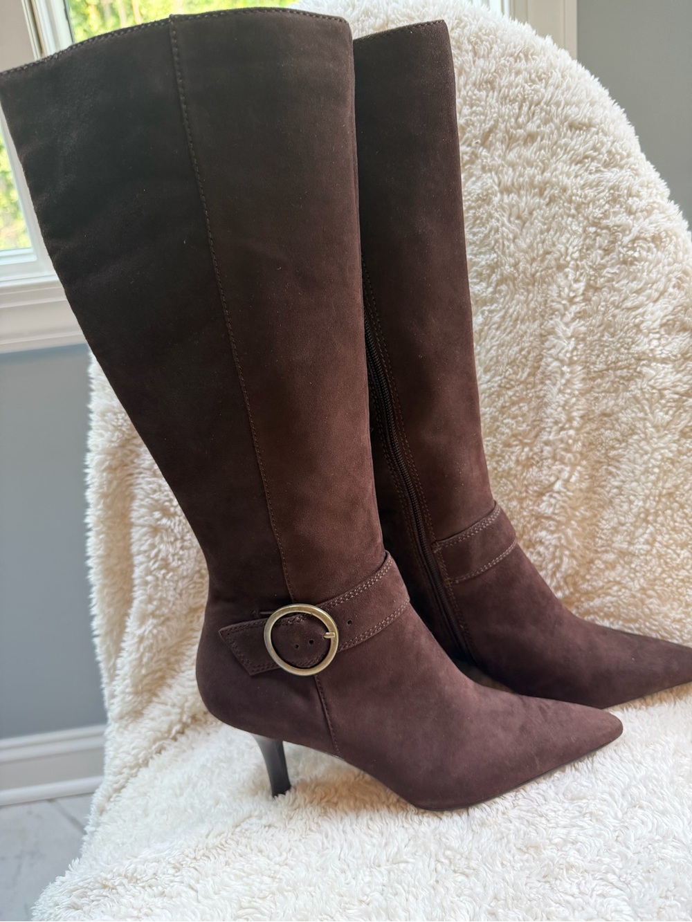 Moda Brown Knee-High Pointed Toe Suede Boots